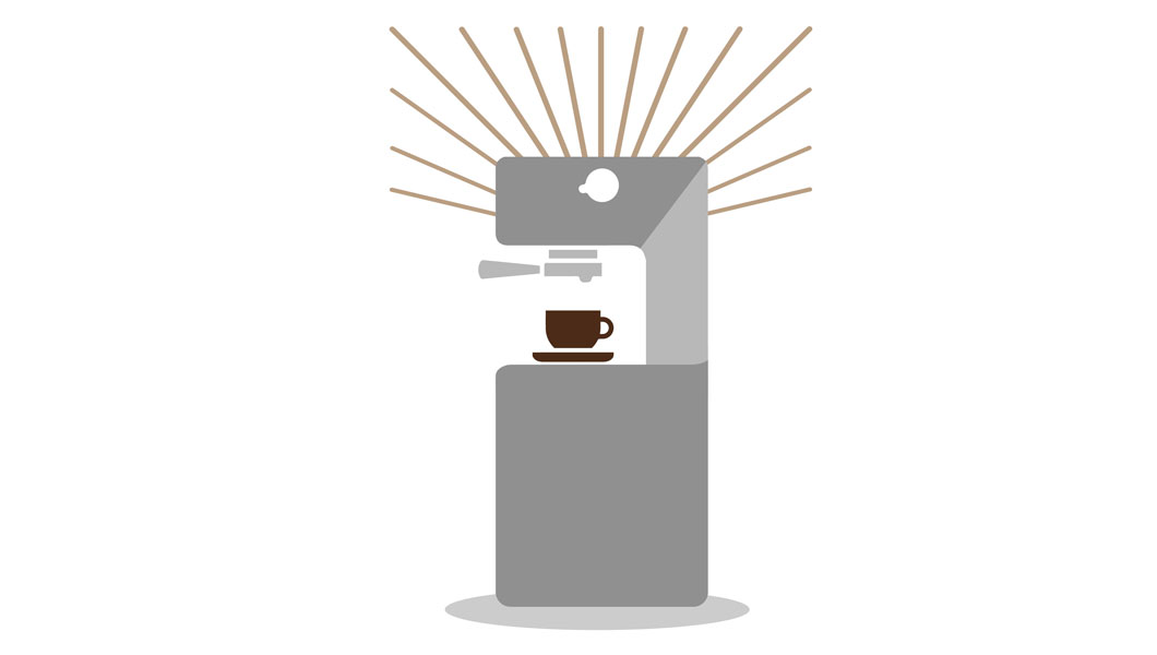 Illustration af 3 mænd ved en kaffemaskine