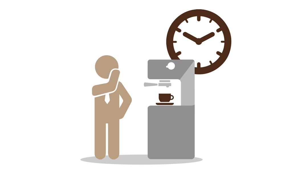 Illustration af mand ved kaffemaskine med klokke i baggrunden