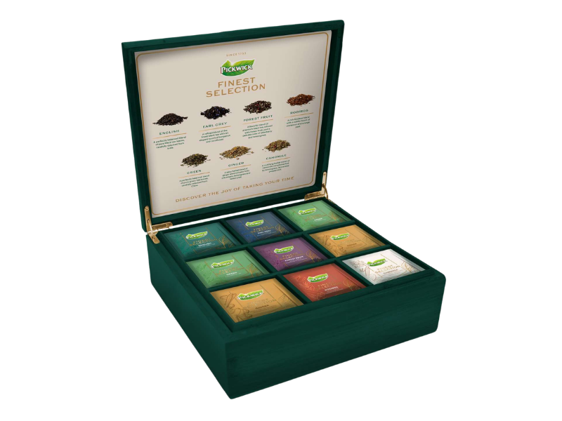 Mørkegrøn Pickwick Finest Selection tekiste med 9 rum, åben og fyldt med tebreve